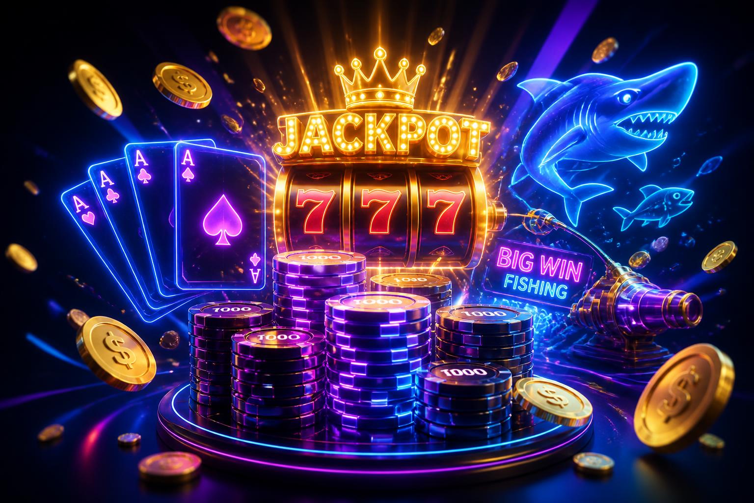 Neon casino chips, coins and slot reels